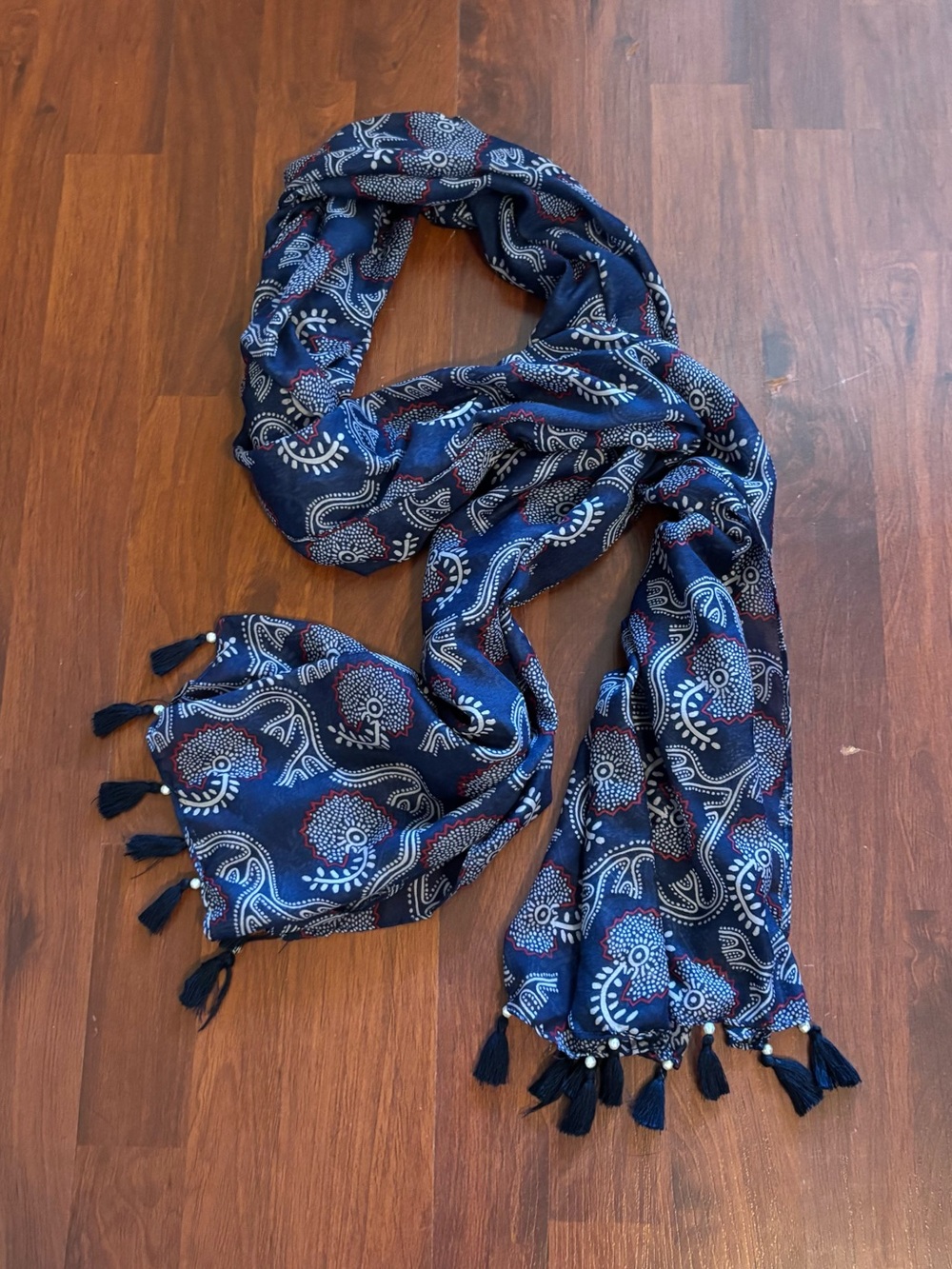 Blue Cotton Paisley Scarf/Headwrap w Charming Navy & Pearl Tassels